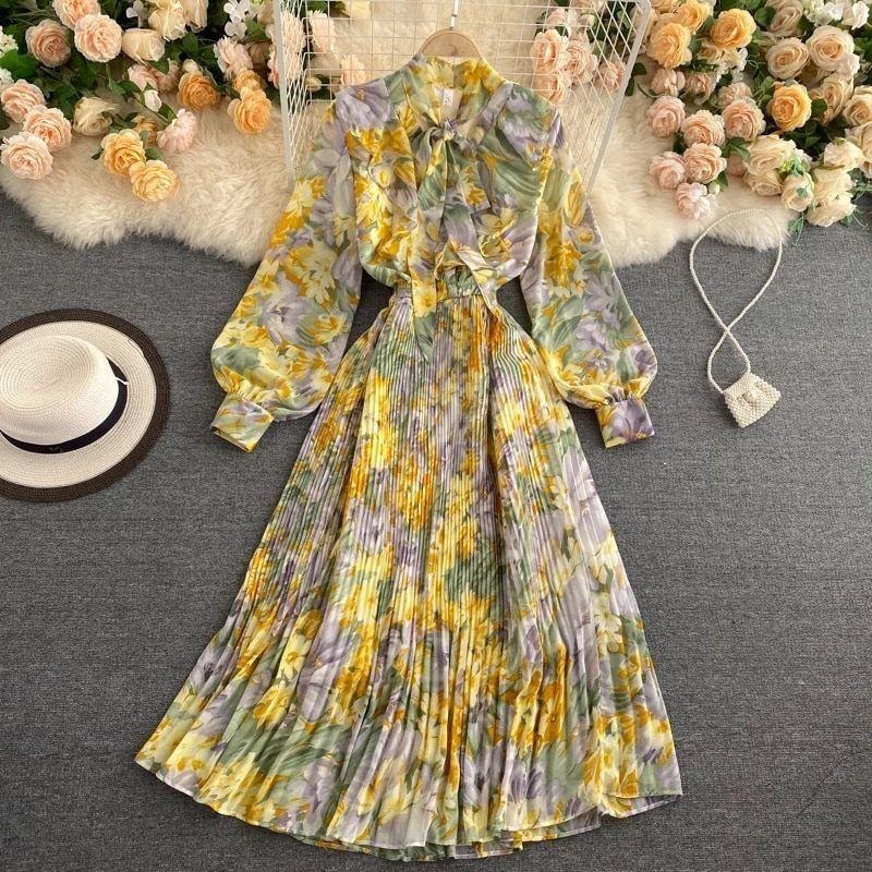 Floral Lantern Sleeve Chiffon Dress Blue