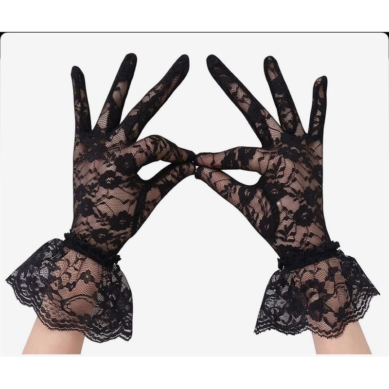 Lady Lace Floral Gloves Elegant Short for Wedding Halloween Cosplay Party. BLACK
