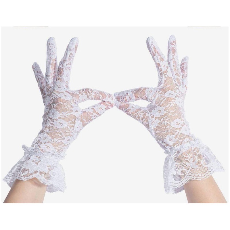 Lady Lace Floral Gloves Elegant Short for Wedding Halloween Cosplay Party. BLACK