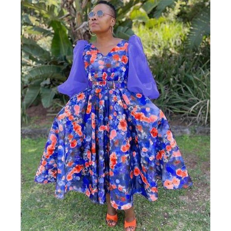 Lace Sleeve Floral Pleated Midi Dress RED