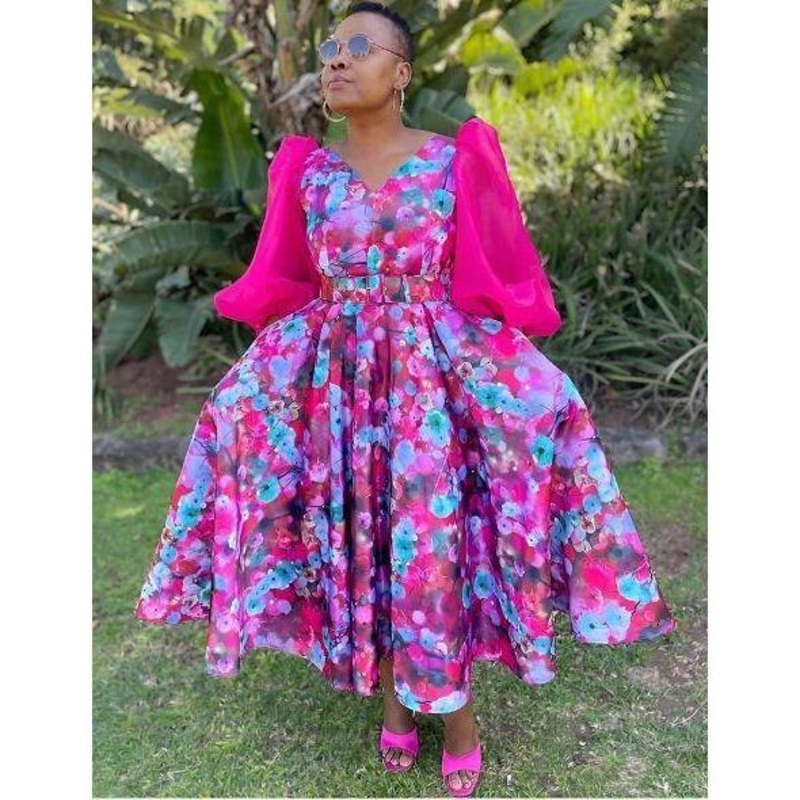 Lace Sleeve Floral Pleated Midi Dress RED