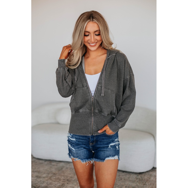 Maxwell Washed Zip-Up Hoodie – Charcoal