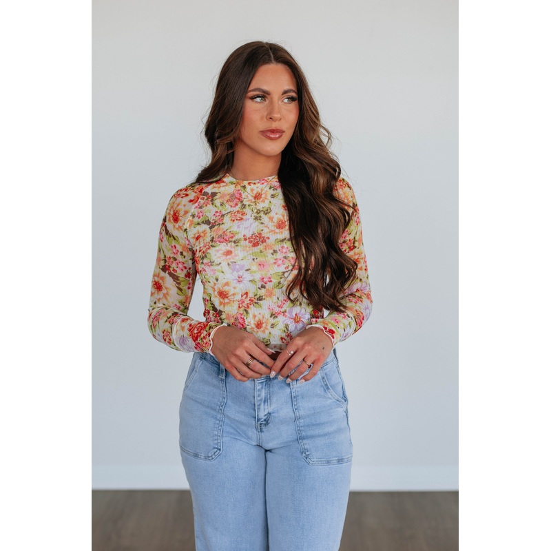 Portia Floral Mesh Top – Cream Mix