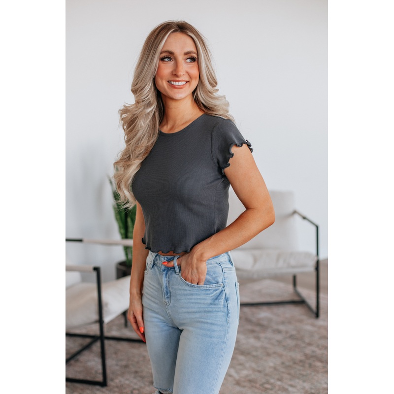 Tara Waffle Knit Top – Charcoal