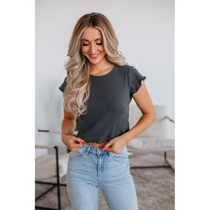Tara Waffle Knit Top – Charcoal