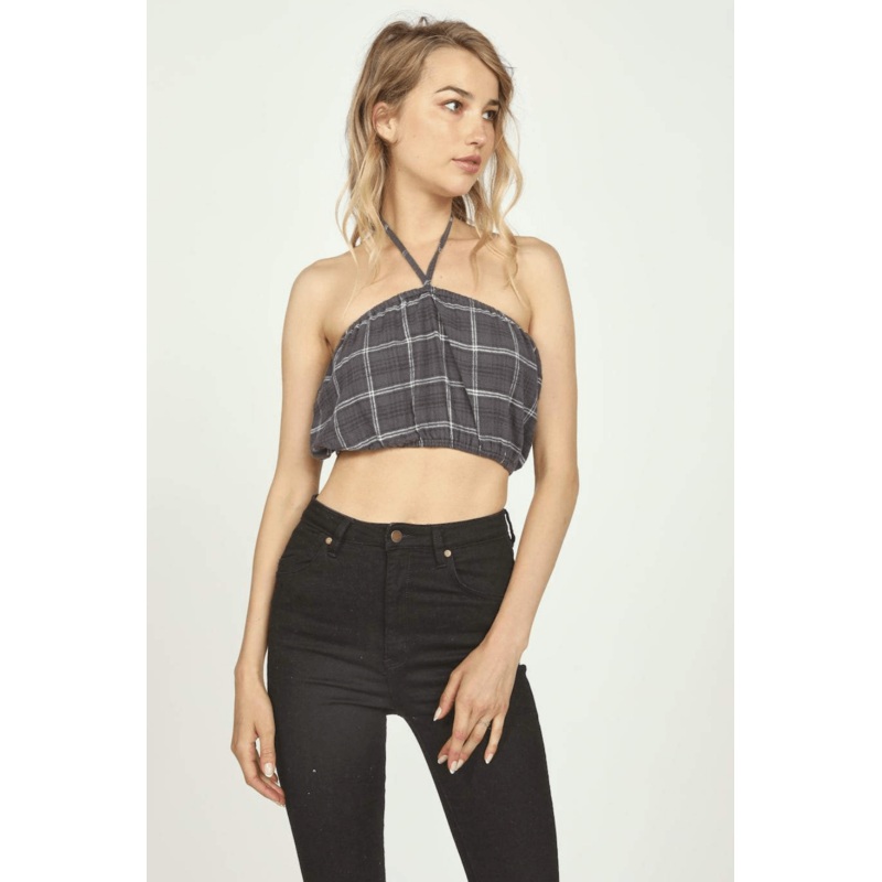 Grey Plaid Flannel Halter Bandeau GREY