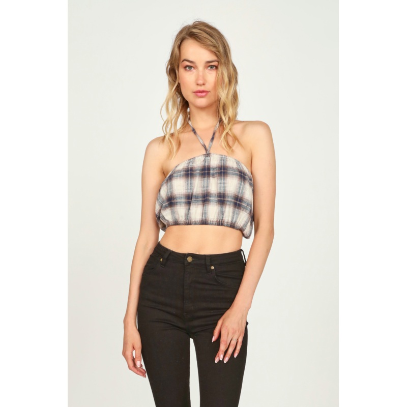 Sand/Navy Plaid Flannel Halter Bandeau SAND/NAVY