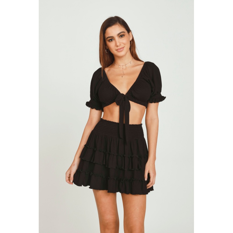 Black Rib Knit Tie Front Balloon Sleeve Crop Top Black