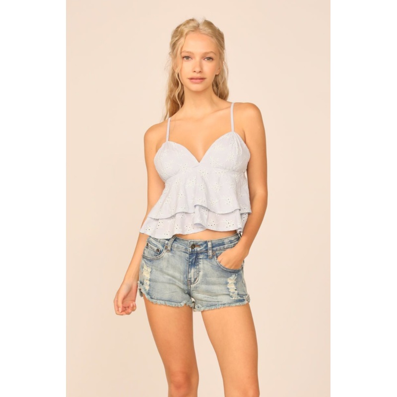 VH x OD – Chambray Blue W/ Ivory Eyelet Ruffle Tank Top Blue