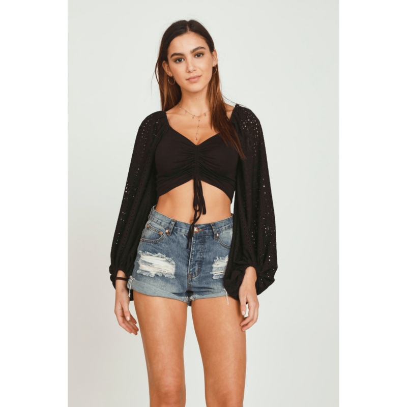 Black Ruched Eyelet Combo Top Black