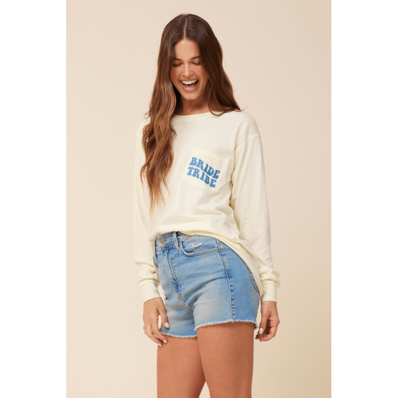 “Bride Tribe” Soft Yellow Wash Long Sleeved Pocket Tee Soft Yellow