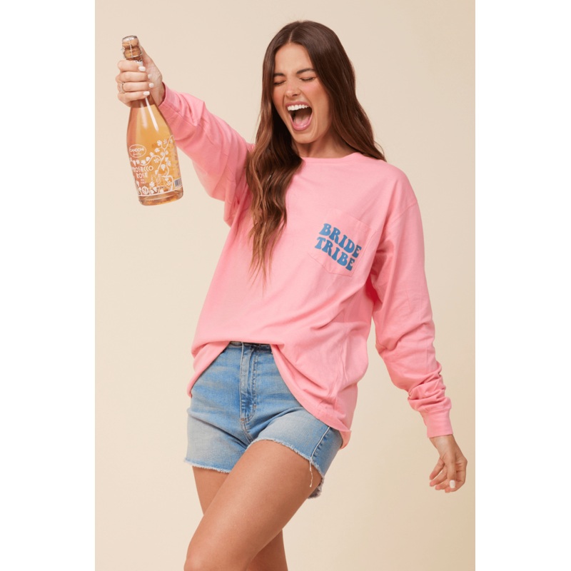 “Bride Tribe” Sunset Pink Wash Long Sleeved Pocket Tee Sunset Pink