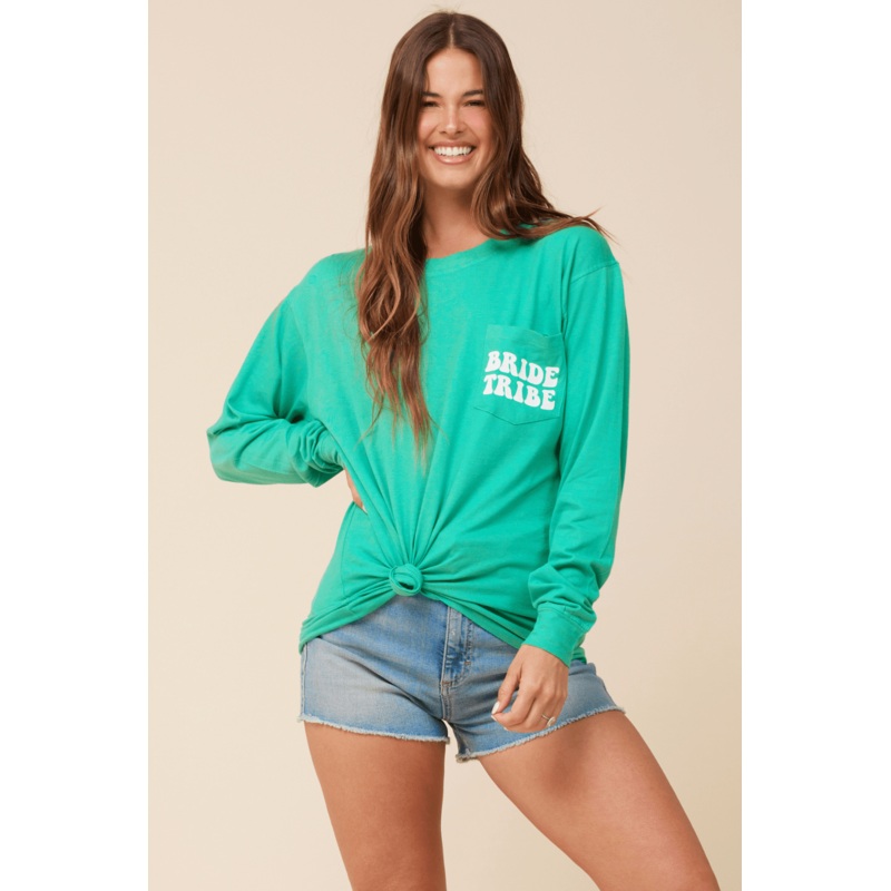 “Bride Tribe” Surf Green Wash Long Sleeved Pocket Tee Surf Green
