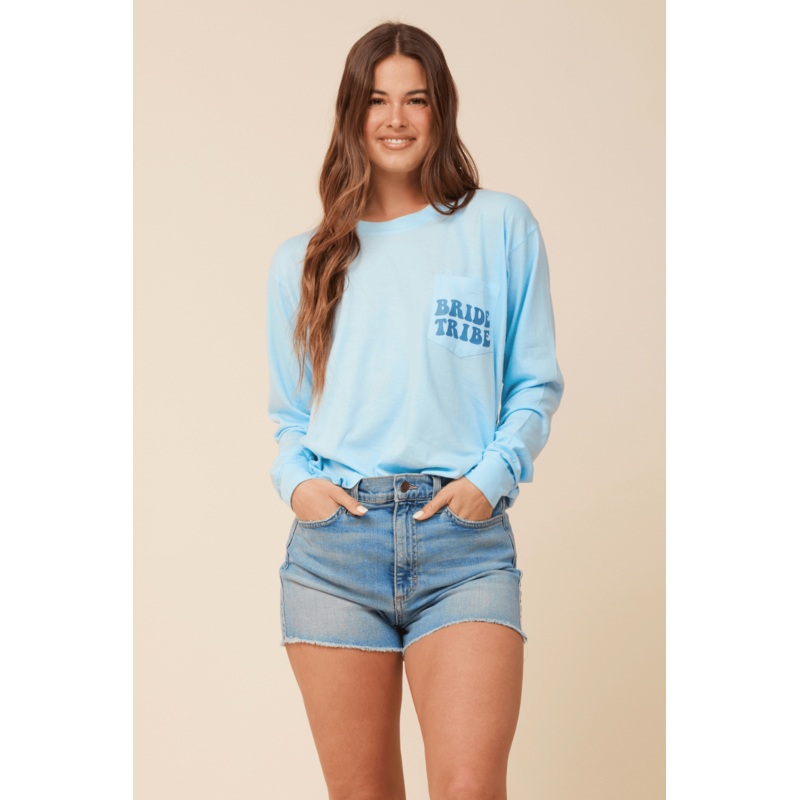 “Bride Tribe” Tropical Blue Salt Wash Long Sleeved Pocket Tee Tropical Blue
