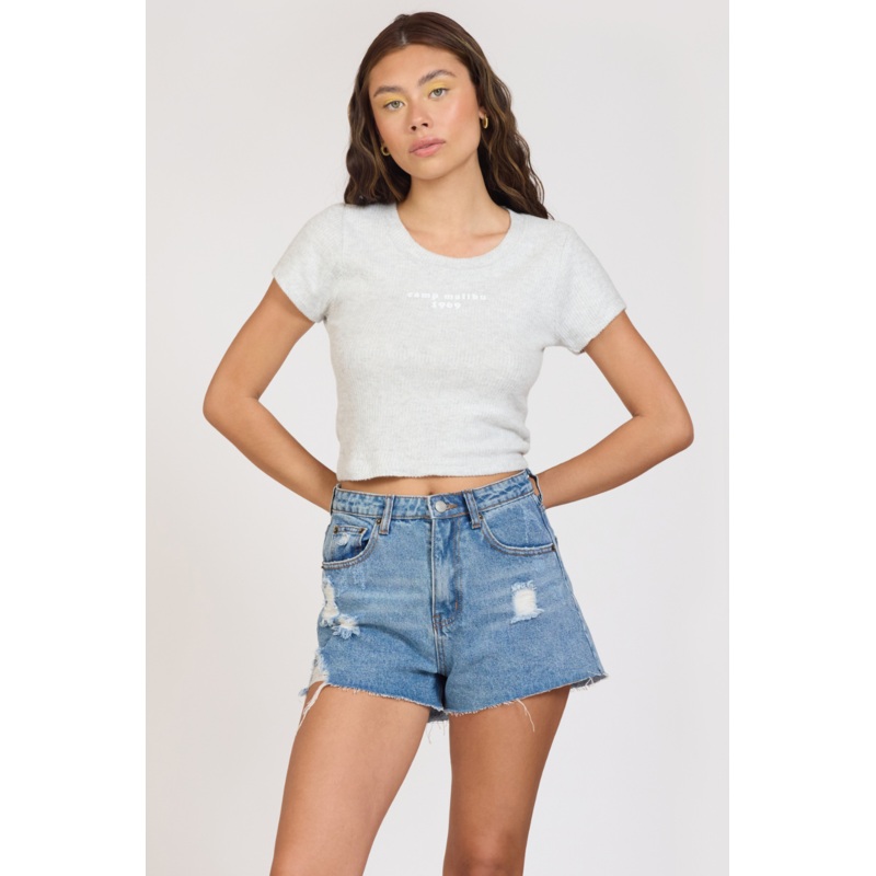 “Camp Malibu” Harbor Grey Rib Hacci Cropped Tee Harbor Grey