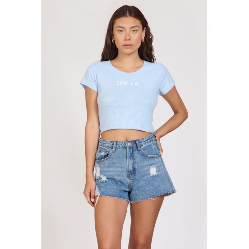 “Surf LA” Surfside Blue Rib Hacci Cropped Tee Surfside Blue