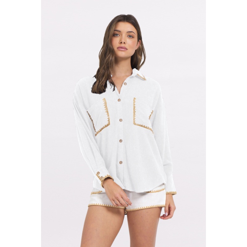 White Button Up Shirt w/ Tan Whip Stitch White