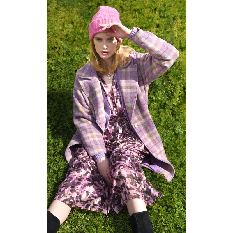 Tanya Wide Lapel Check Coat LAVENDER