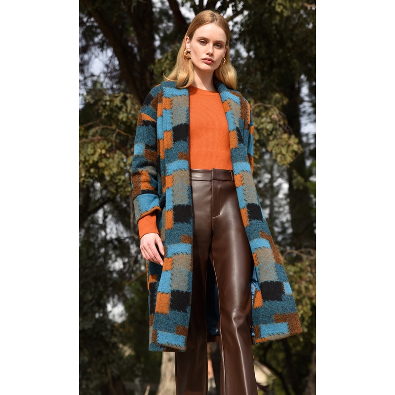 Monsi Patchwork Shawl Duster Coat TEAL