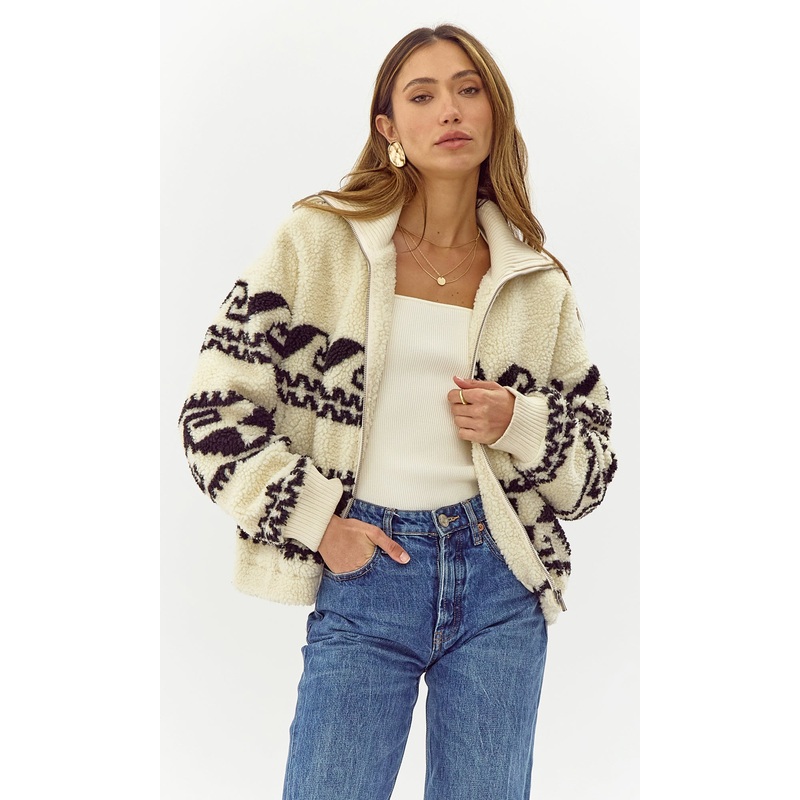 Farrah Sherpa Zip Up Bomber IVORY-BLACK