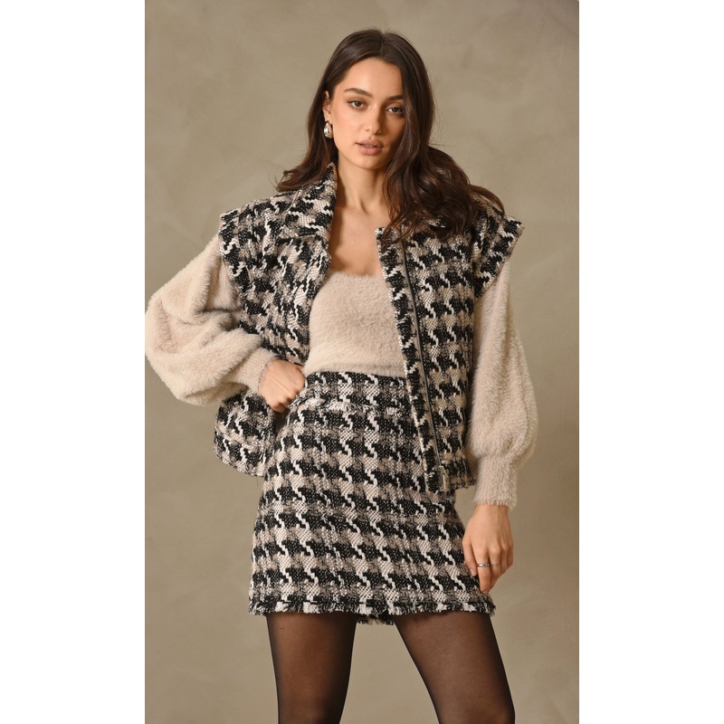 Lenny Houndstooth Tweed Vest BLACK-TAUPE-WHITE