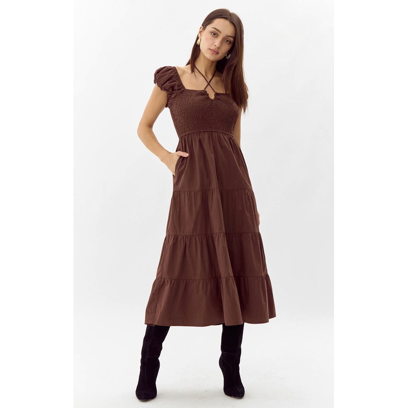Allista Poplin Smocked Midi Dress ESPRESSO