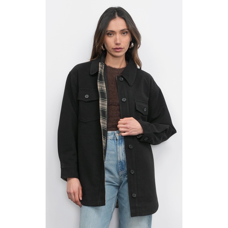 Aly Glen Plaid Cozy Soft Shirt Jacket BLACK