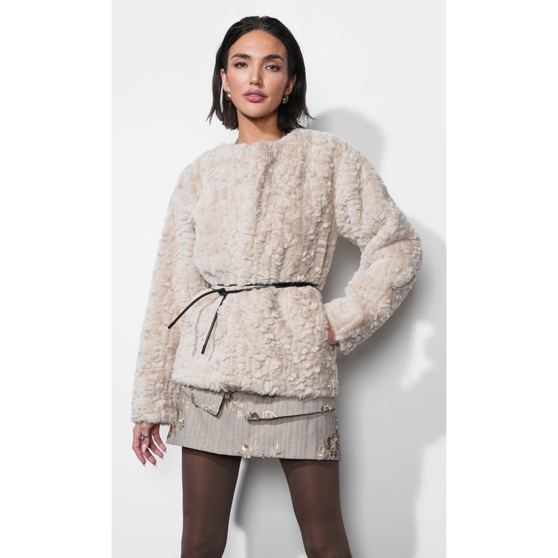 Yuri Collarless Faux Fur Jacket W/ Tie Belt CREAM