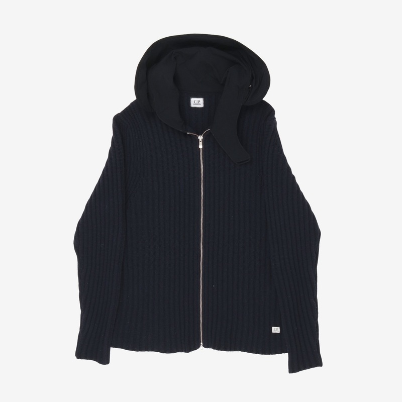 Wool Zip Ribbed Hoodie Blue